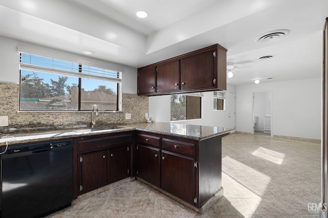 kitchen featuring dishwasher, sink, tasteful backsplash, dark brown cabinets, and kitchen peninsula