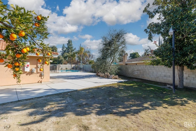 view of yard featuring a fenced in pool and a patio area