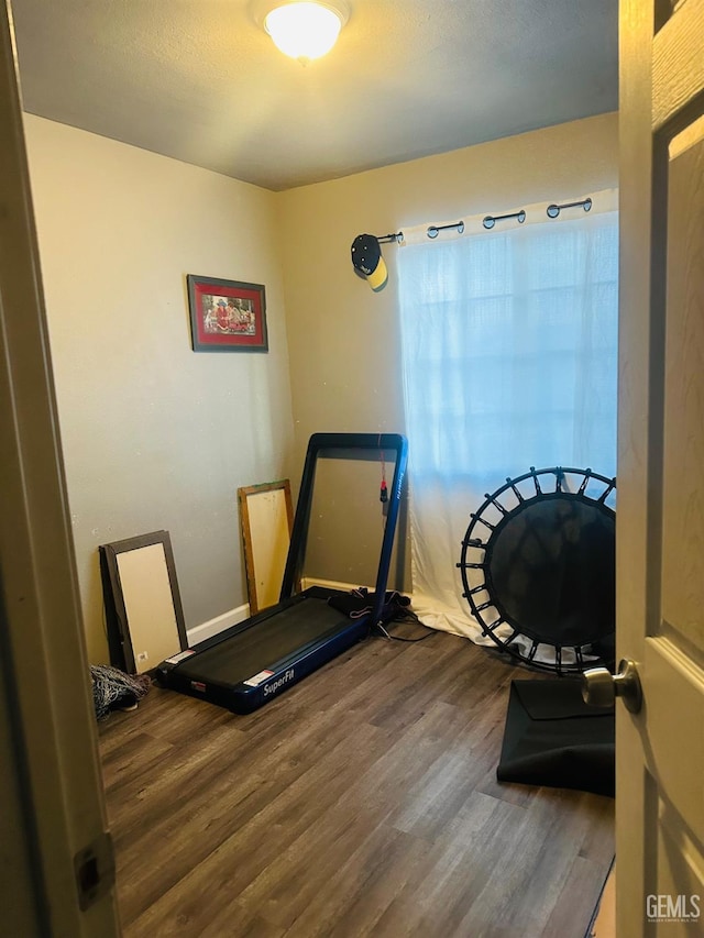 workout area featuring dark wood-type flooring