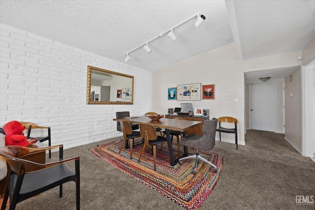 dining room with lofted ceiling, brick wall, carpet flooring, and a textured ceiling