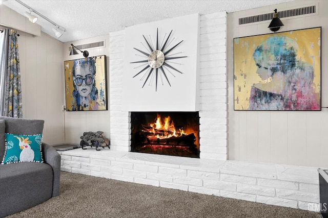 living room with track lighting, a fireplace, carpet floors, and a textured ceiling