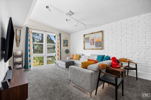 living room with brick wall, rail lighting, carpet floors, and a textured ceiling