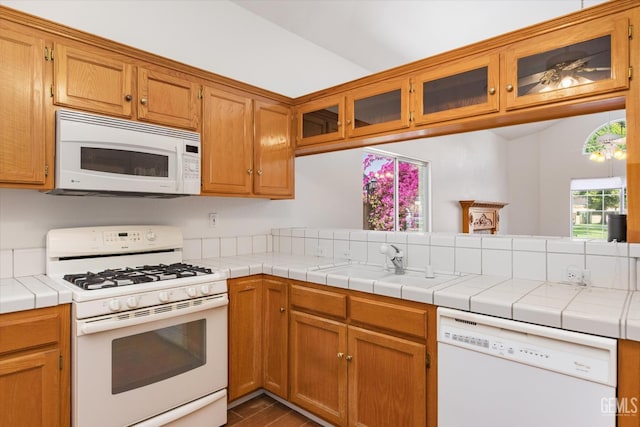 3625 Bernard St Unit 5, Bakersfield, CA 93306 - kitchen with white appliances, a sink, dark wood-style floors, glass insert cabinets, and light countertops