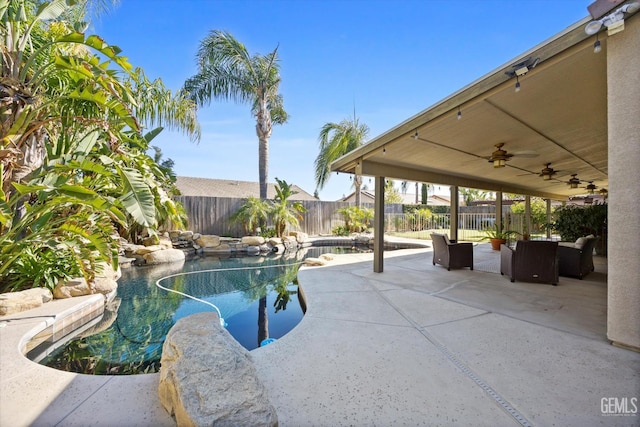 11313 Valletta Ave, Bakersfield, CA 93312 - view of pool with a fenced backyard, a patio, and a ceiling fan