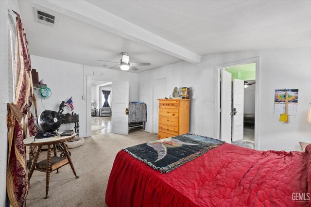 220 Tyler St, Taft, CA 93268 - bedroom with carpet flooring, beam ceiling, and a ceiling fan
