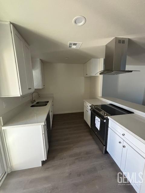 kitchen featuring ventilation hood, black range with electric stovetop, white cabinetry, and sink