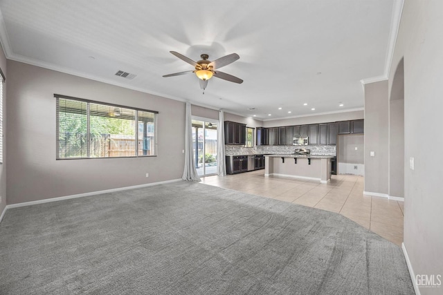 15420 Saint Clement Way, Bakersfield, CA 93314 - unfurnished living room featuring crown molding, ceiling fan, light tile patterned floors, baseboards, and recessed lighting