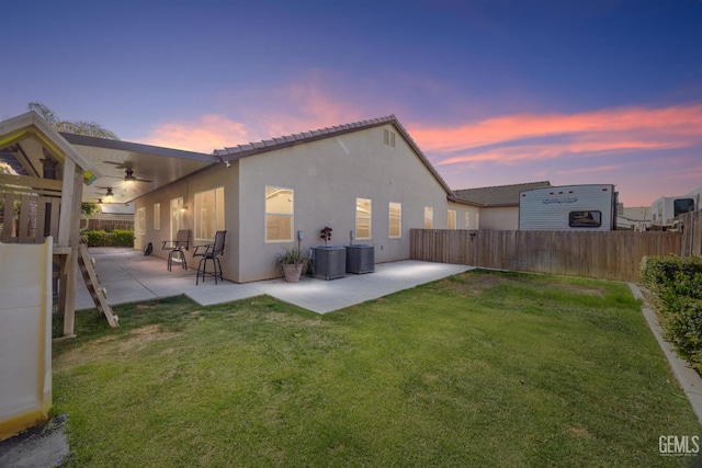 15420 Saint Clement Way, Bakersfield, CA 93314 - rear view of property with ceiling fan, a patio area, stucco siding, central air condition unit, and a tile roof