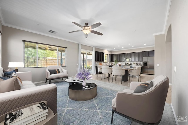 15420 Saint Clement Way, Bakersfield, CA 93314 - living area featuring baseboards, ceiling fan, crown molding, and recessed lighting