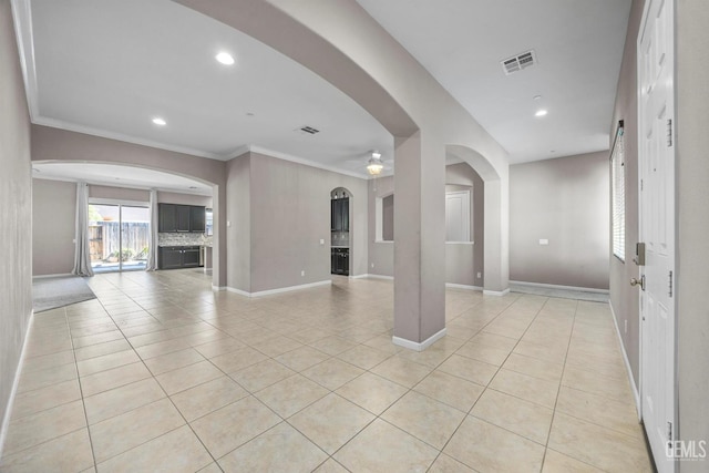 15420 Saint Clement Way, Bakersfield, CA 93314 - spare room featuring ceiling fan, light tile patterned floors, baseboards, recessed lighting, and crown molding