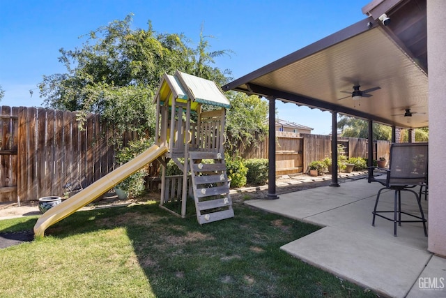 15420 Saint Clement Way, Bakersfield, CA 93314 - view of patio with a playground and ceiling fan