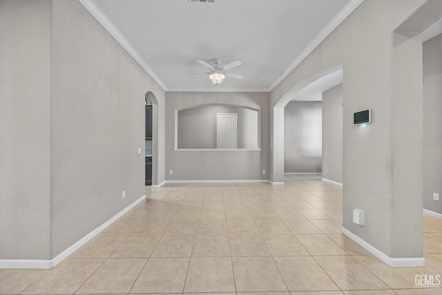 15420 Saint Clement Way, Bakersfield, CA 93314 - empty room with crown molding, a ceiling fan, arched walkways, light tile patterned floors, and baseboards