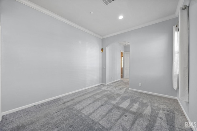 15420 Saint Clement Way, Bakersfield, CA 93314 - unfurnished room featuring arched walkways, ornamental molding, carpet floors, recessed lighting, and baseboards