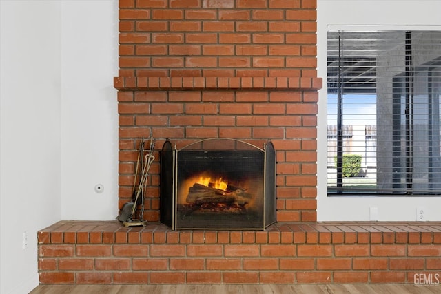 details with a fireplace and wood-type flooring