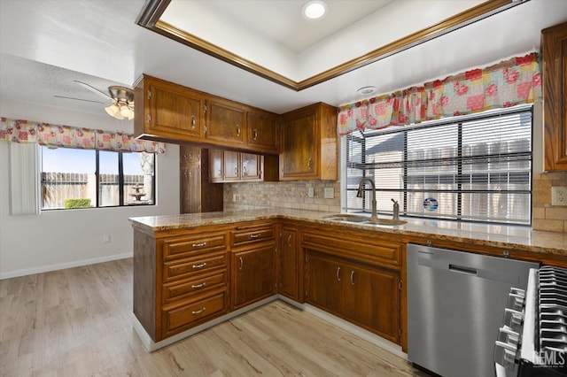 kitchen featuring dishwasher, decorative backsplash, kitchen peninsula, and sink