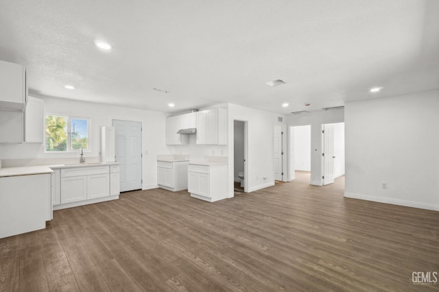 kitchen featuring white cabinetry, wood-type flooring, a textured ceiling, and sink