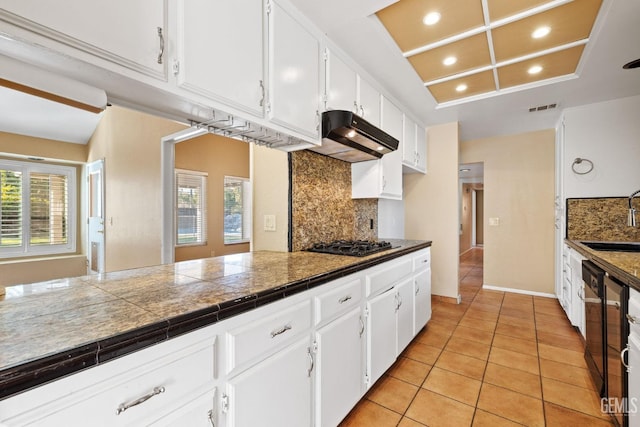 kitchen with under cabinet range hood, white cabinetry, visible vents, and decorative backsplash