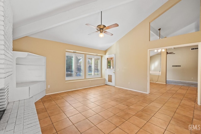 empty room with ceiling fan, light tile patterned floors, visible vents, and beam ceiling