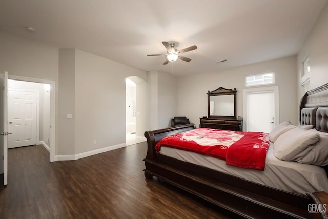 bedroom featuring dark wood-type flooring and ceiling fan