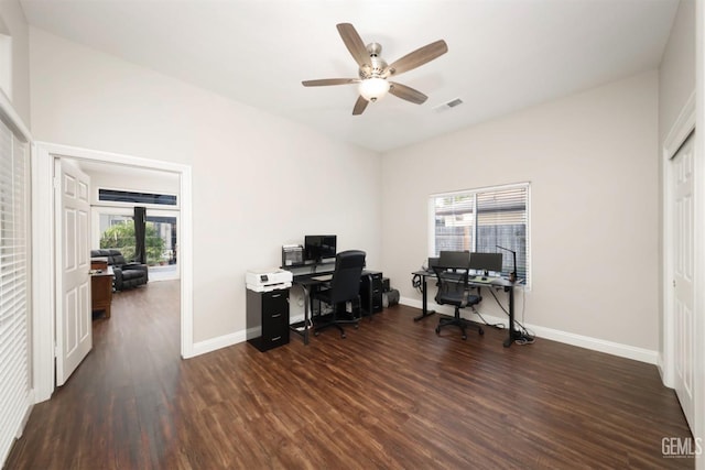 office area featuring dark hardwood / wood-style floors and ceiling fan