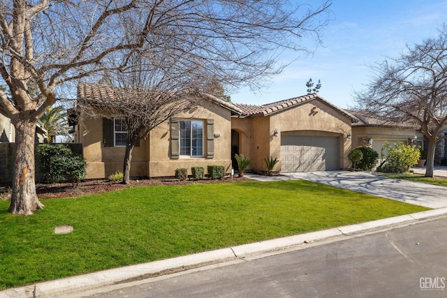 mediterranean / spanish-style home featuring a garage and a front yard