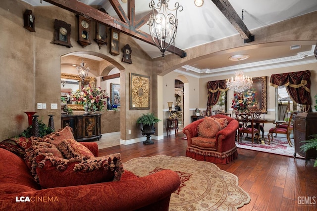 living area featuring arched walkways, beam ceiling, a high ceiling, wood finished floors, and a chandelier