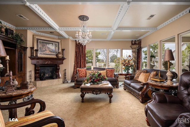 carpeted living room featuring a chandelier, visible vents, coffered ceiling, and a high end fireplace