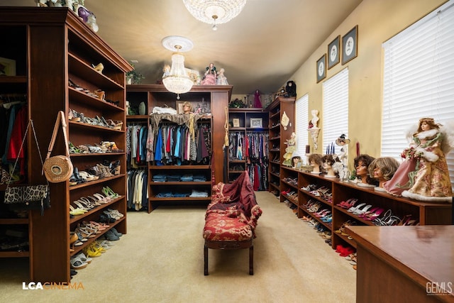 spacious closet featuring light colored carpet