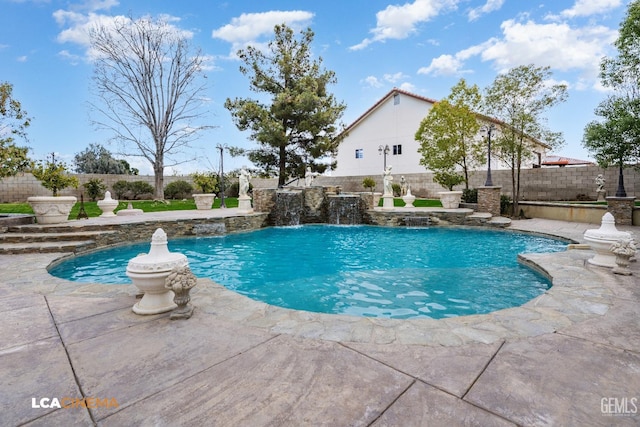 view of pool with a fenced backyard, a fenced in pool, and a patio