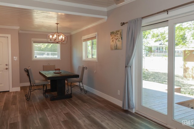 dining space with dark hardwood / wood-style flooring, a healthy amount of sunlight, and a notable chandelier