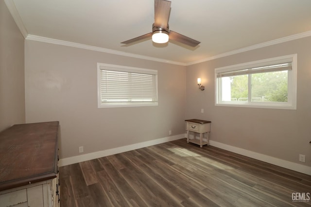 unfurnished bedroom featuring ceiling fan, dark wood-type flooring, and ornamental molding