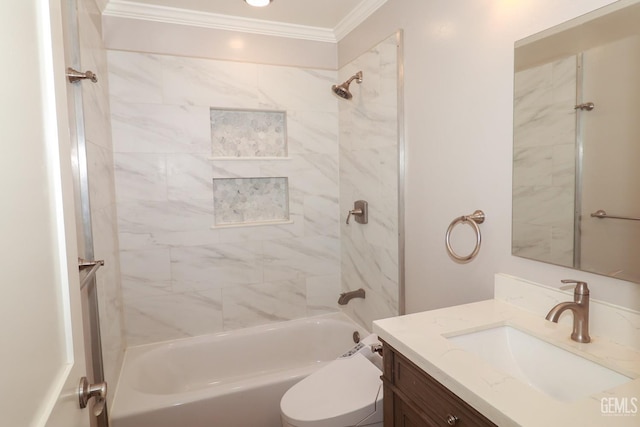 full bathroom with vanity, toilet, tiled shower / bath, and ornamental molding