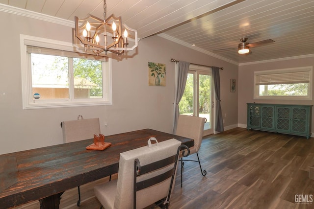 dining room with ceiling fan with notable chandelier, dark hardwood / wood-style flooring, wooden ceiling, and crown molding