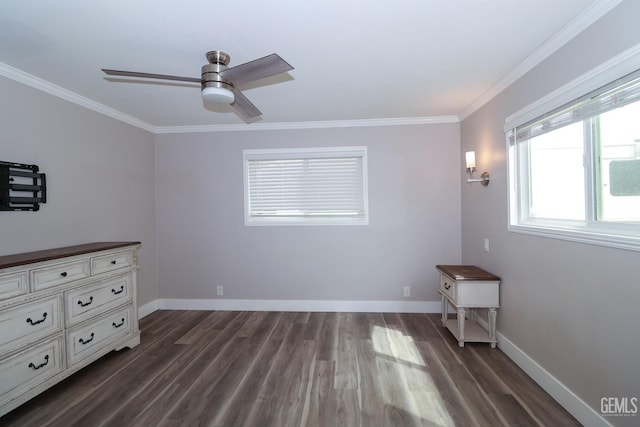 unfurnished bedroom with ceiling fan, crown molding, and dark wood-type flooring