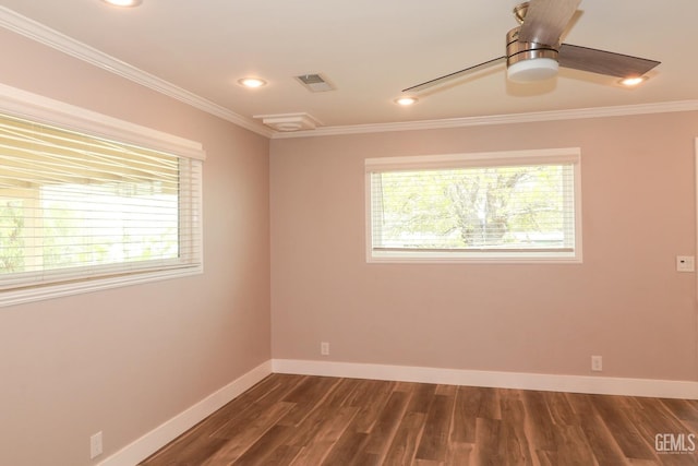 unfurnished room featuring crown molding, ceiling fan, and dark wood-type flooring