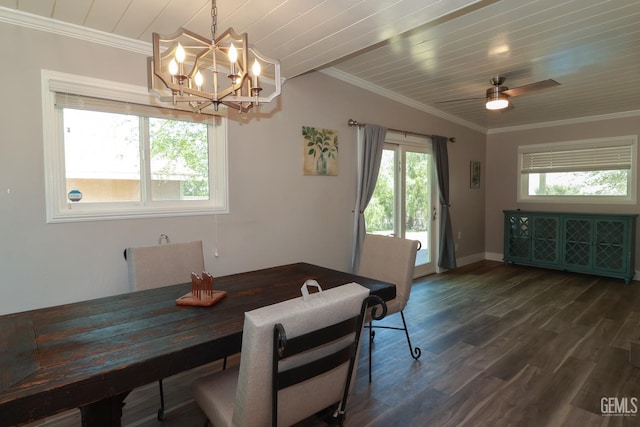 dining area with dark hardwood / wood-style flooring, wood ceiling, ceiling fan with notable chandelier, and ornamental molding