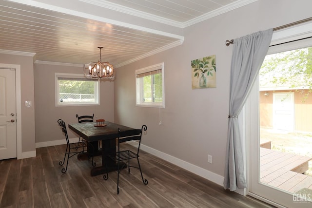 dining room featuring crown molding, dark hardwood / wood-style floors, and a notable chandelier