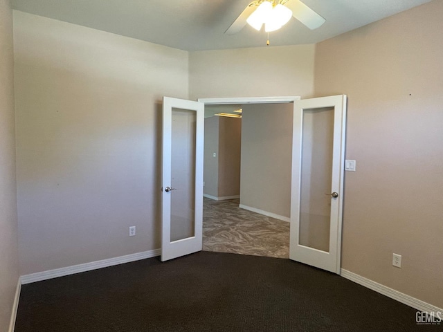 12007 Roaring River Ave, Bakersfield, CA 93311 - spare room with french doors, ceiling fan, dark colored carpet, and baseboards
