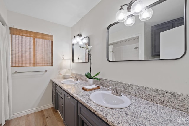 bathroom featuring hardwood / wood-style flooring and vanity