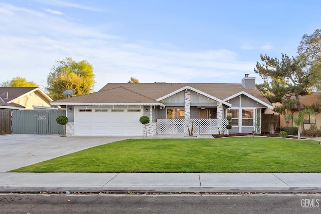 single story home featuring a front lawn and a garage