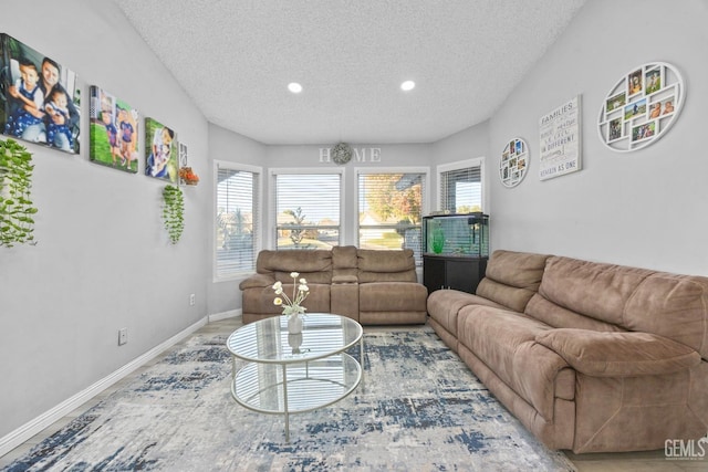 living room featuring a textured ceiling