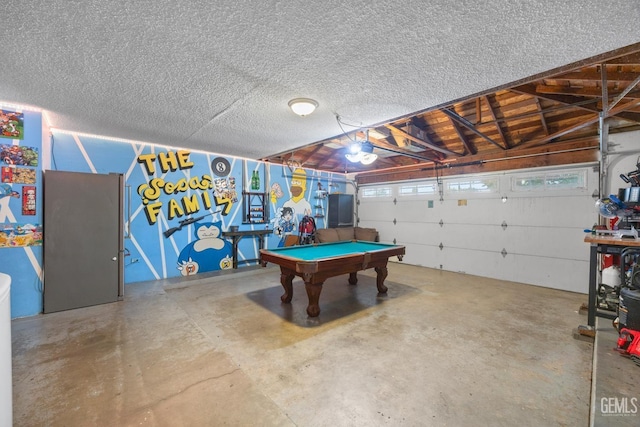 rec room featuring concrete floors, electric panel, vaulted ceiling, and billiards