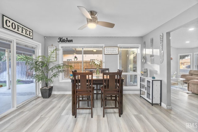 dining room featuring ceiling fan, a healthy amount of sunlight, and light hardwood / wood-style floors