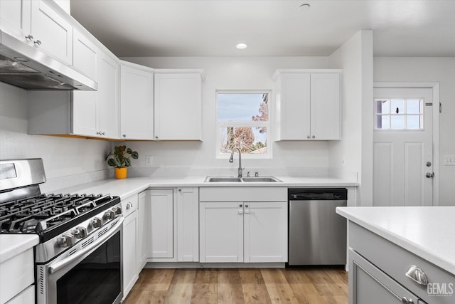 kitchen with a sink, a wealth of natural light, under cabinet range hood, and stainless steel appliances