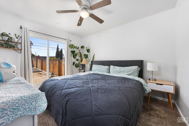 carpeted bedroom with baseboards, access to outside, and a ceiling fan