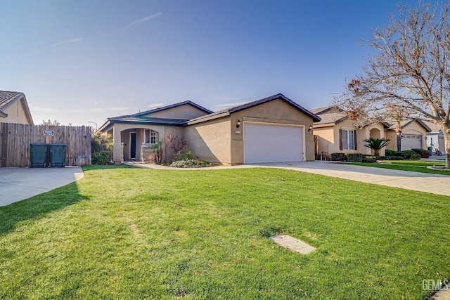 ranch-style home with a garage and a front lawn