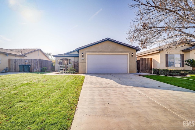 ranch-style home featuring a garage and a front lawn