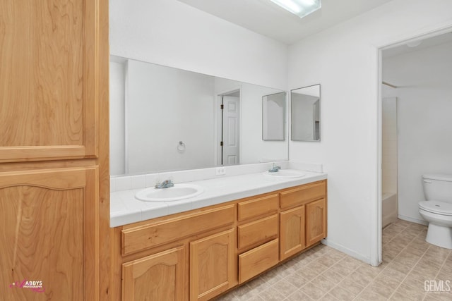 full bathroom with shower / bathtub combination, tile patterned floors, baseboards, and toilet