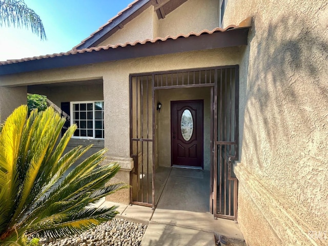 entrance to property featuring stucco siding