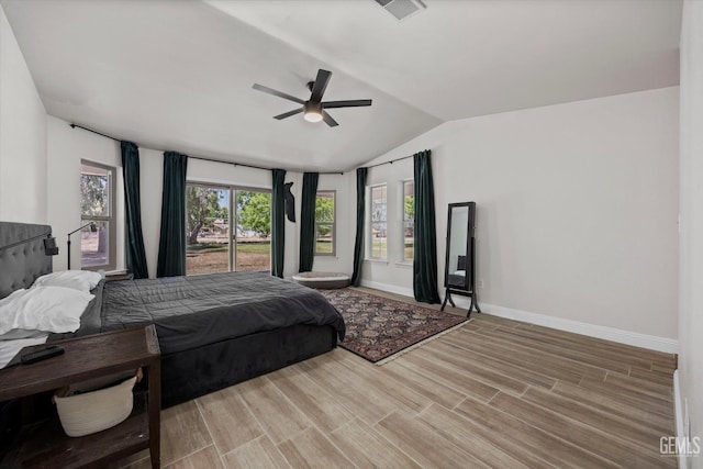 7544 Clifford Ct, Bakersfield, CA 93313 - bedroom with vaulted ceiling, baseboards, light wood-type flooring, and a ceiling fan